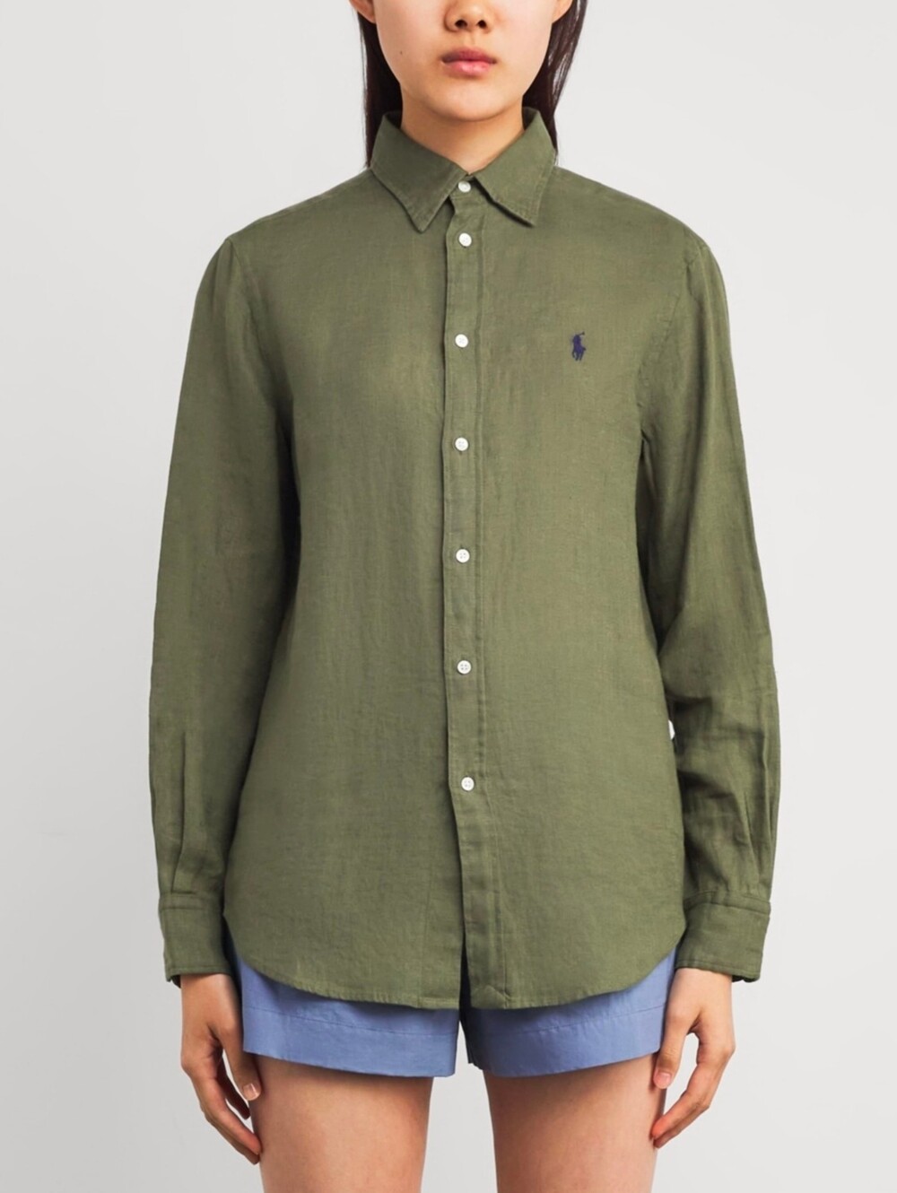 Polo Ralph Lauren Long-sleeved 100% Linen Button-up Shirt Women Olive Green